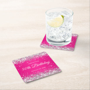Silver Glitter och Shock rosa 50:e födelsedagen Underlägg Papper Kvadrat