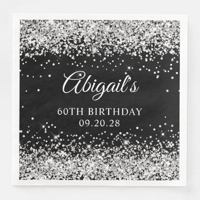 Silver Glitter och Svart 60-årsfirande Pappersservett (Framsida)