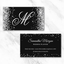 Silver Glitter och svart fancy monogram Visitkort