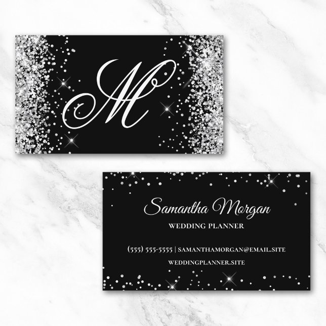 Silver Glitter och svart fancy monogram Visitkort (Silver Glitter and Black Fancy Monogrammed Business Card)