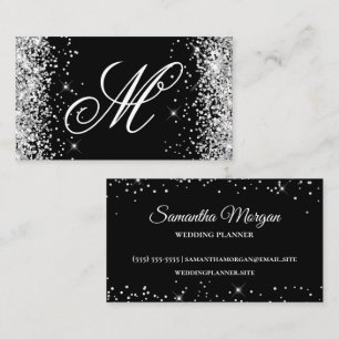 Silver Glitter och svart fancy monogram Visitkort