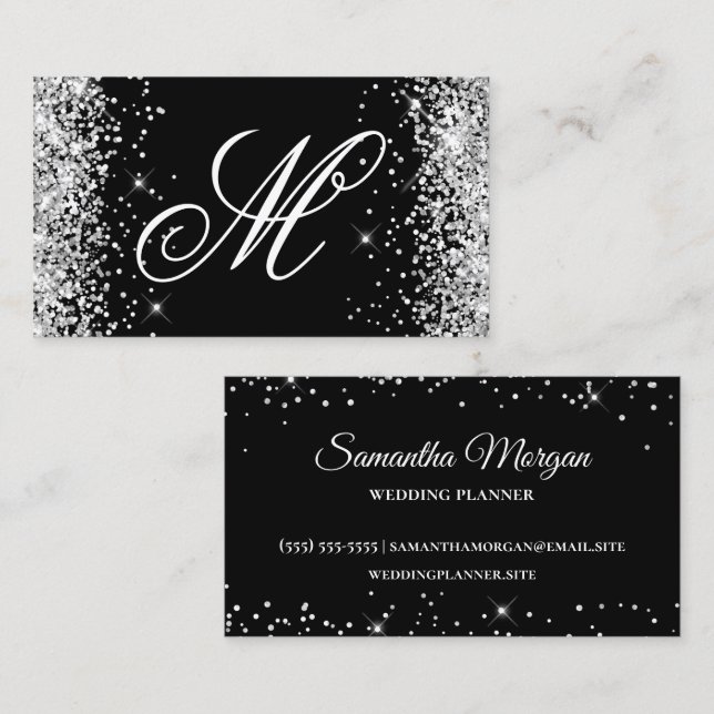 Silver Glitter och svart fancy monogram Visitkort (Fram/baksida)
