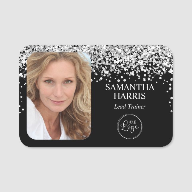 Silver Glitter och svart Logotyp och foto Namnbricka (Framsida)