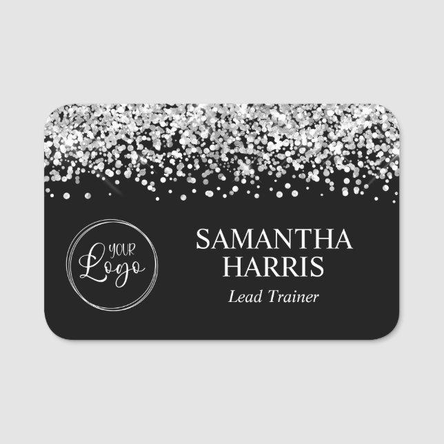 Silver Glitter och Svarta Logotypen Namnbricka (Framsida)