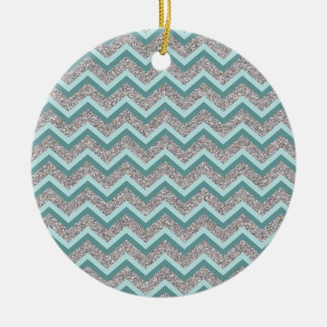 Silver Glitter och Teal ZigZag Julgransprydnad Keramik (Framsidan)