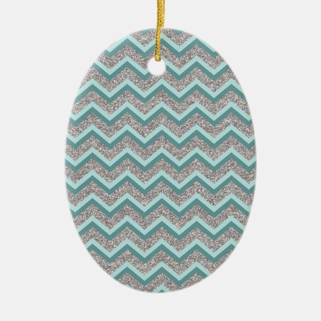 Silver Glitter och Teal ZigZag Julgransprydnad Keramik (Framsidan)