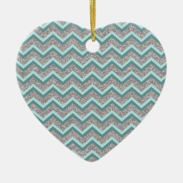 Silver Glitter och Teal ZigZag Julgransprydnad Keramik (Framsidan)