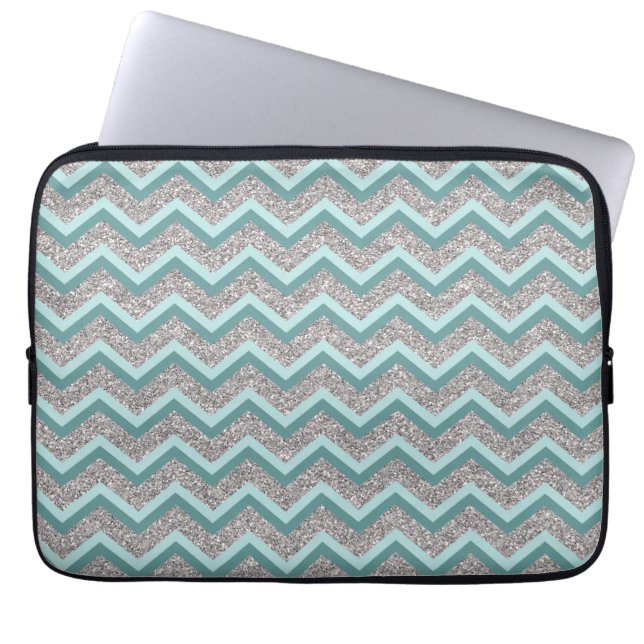 Silver Glitter och Teal ZigZag Laptop Fodral (Framsidan)