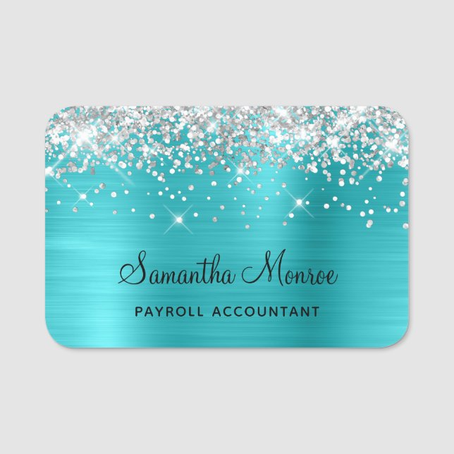 Silver Glitter och turkos Blue Foil Namnbricka (Framsida)