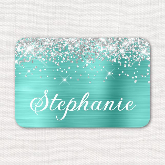 Silver Glitter och Turquoise Folie Förnamn Namnbricka (Silver Glitter and Turquoise Foil First Name Tag)