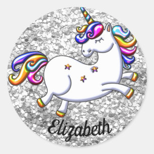 Silver Glitter och Unicorn Runt Klistermärke