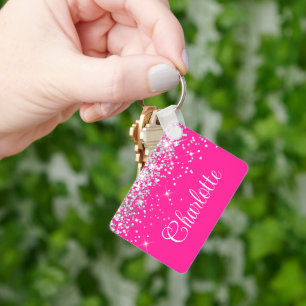 Silver Glitter och varmt rosa monogram Nyckelring
