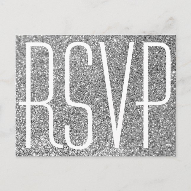 Silver Glitter och Vit RSVP Inbjudan Vykort (Framsida)