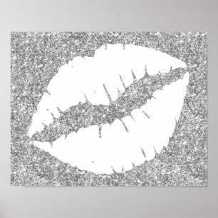 Silver Glitter och Vita Lågläppstift Läppar Poster