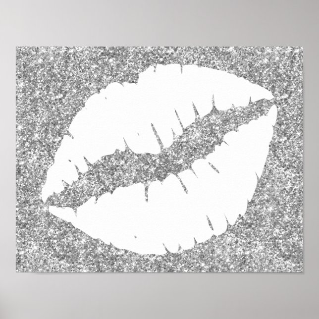 Silver Glitter och Vita Lågläppstift Läppar Poster (Framsidan)