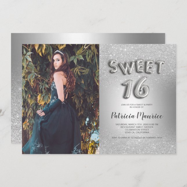 Silver glitter ombre brev fotofolie söt 16 inbjudningar (Fram/baksida)