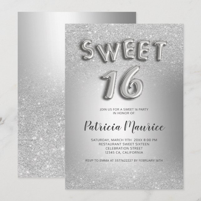 Silver glitter ombre brev grått foil söt 16 inbjudningar (Fram/baksida)