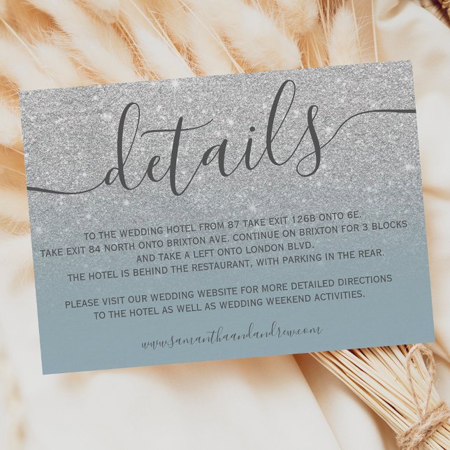 Silver glitter ombre dammig blåa detaljer tilläggskort (Silver glitter ombre dusty blue script details enclosure card)