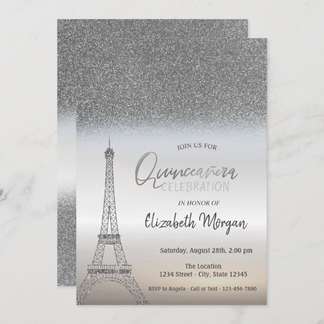 Silver Glitter Ombre, Eiffel Torn Quinceanera Inbjudningar (Fram/baksida)
