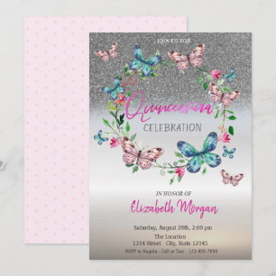Silver Glitter Ombre, Fjärilprickar Quinceanera Inbjudningar