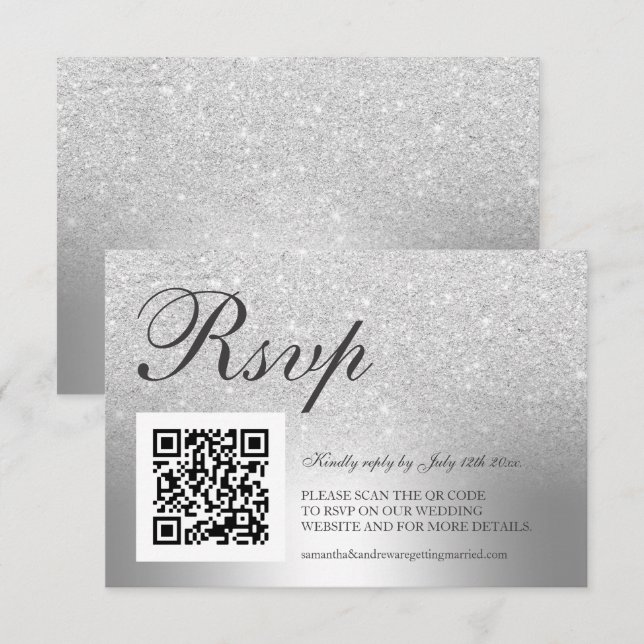Silver glitter ombre foil OSA Qr kod bröllop Kort (Fram/baksida)