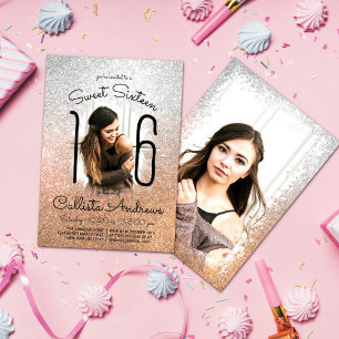 Silver Glitter Ombre Halo Photo Sweet 16 Inbjudningar