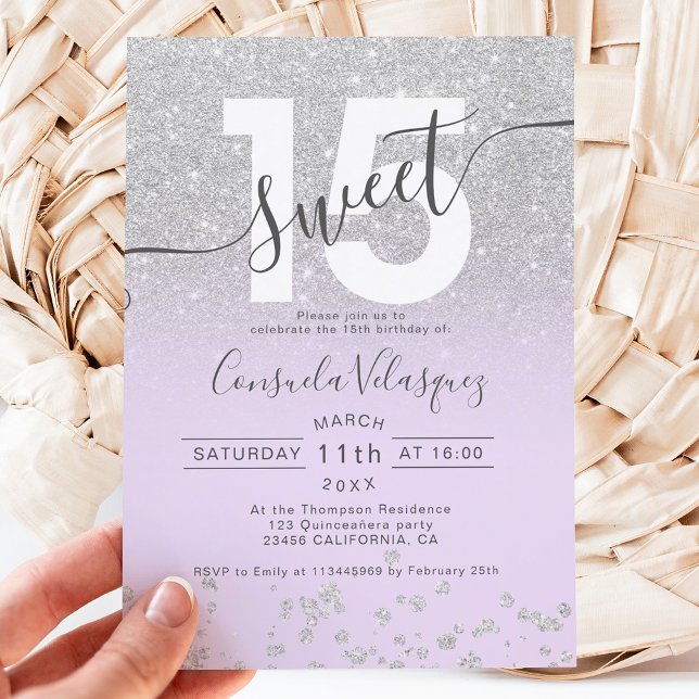 Silver glitter ombre lavender Quinceanera-foto Inbjudningar (Skapare uppladdad)
