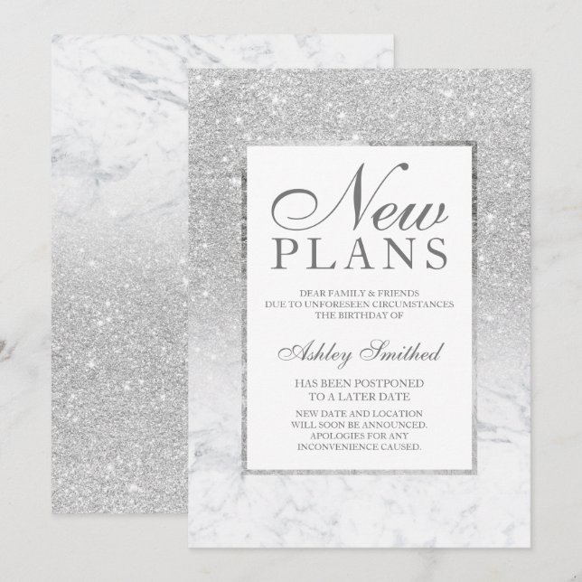 Silver glitter ombre marmor uppskjuten nya planer inbjudningar (Fram/baksida)