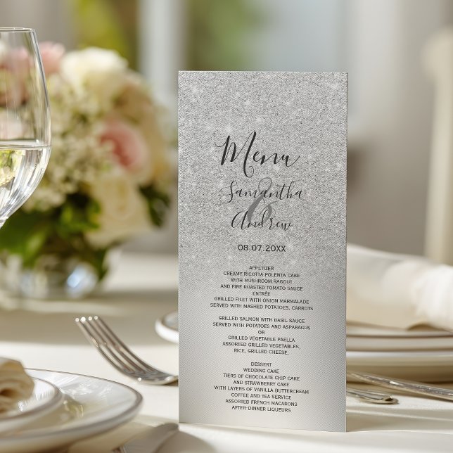 Silver glitter ombre metallisk folie bröllopsmeny meny (Silver glitter ombre metallic foil wedding menu)