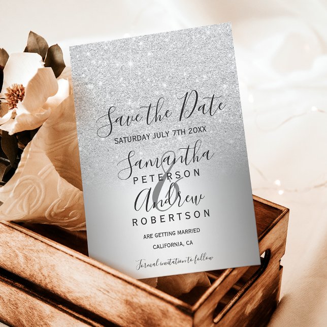 Silver glitter ombre metallisk save the date meddelande vykort (Silver glitter ombre metallic save the date announcement postcard)