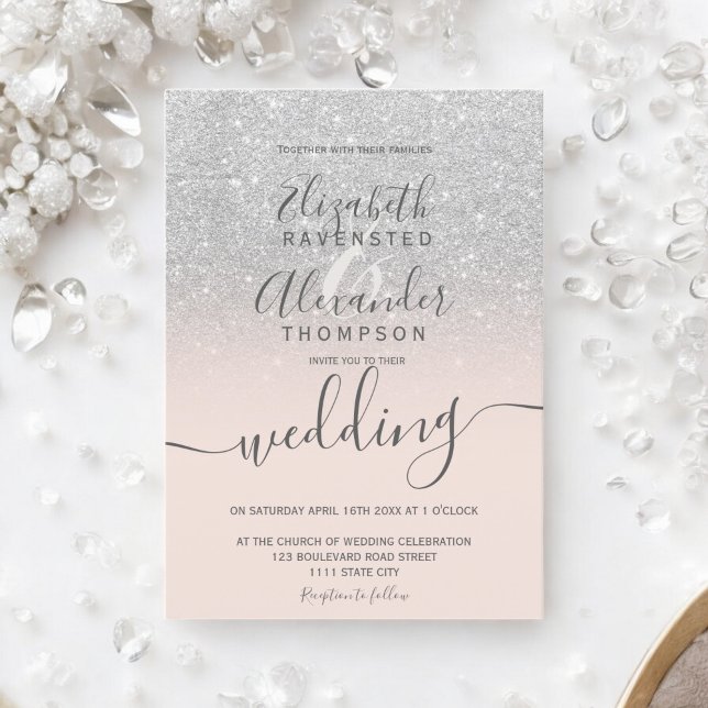 Silver glitter ombre  rosa-skript bröllop inbjudningar (Silver glitter ombre blush pink script wedding invitation)