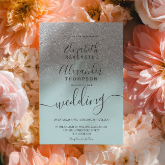 Silver glitter ombre sage green script wedding inbjudningar