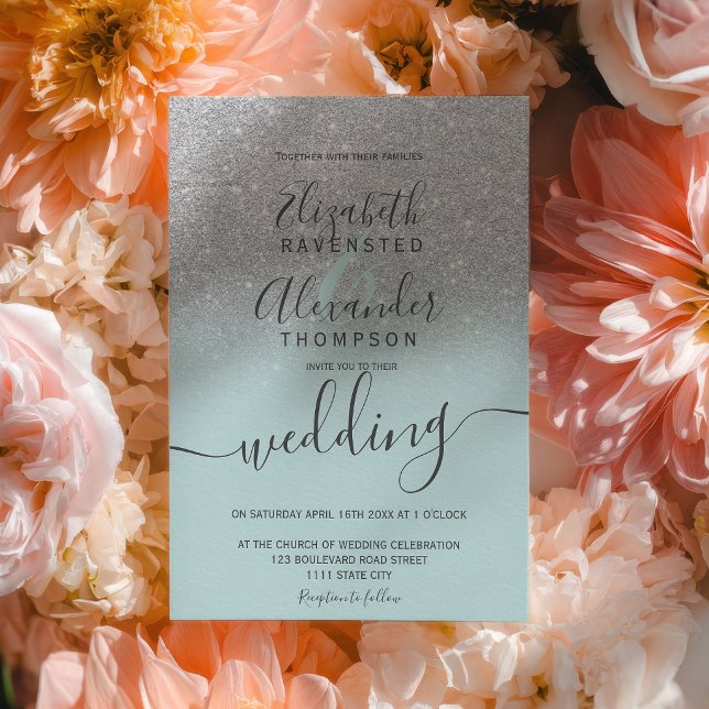 Silver glitter ombre sagegrön script bröllop inbjudningar (Silver glitter ombre sage green script wedding invitation)
