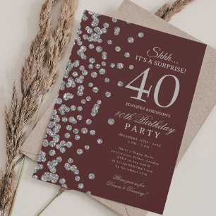 Silver Glitter Överraskning 40-årsdag Burgundy Inbjudningar
