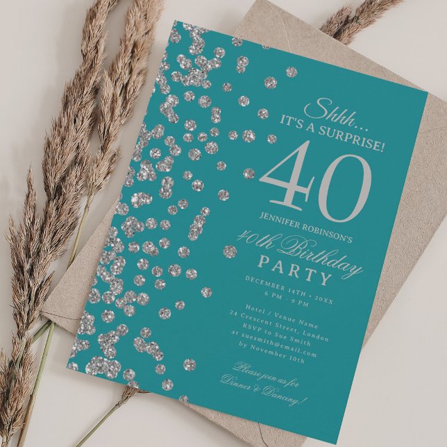 Silver Glitter Överraskning 40-årsdag Turkos  Inbjudningar (Silver Glitter Surprise 40th Birthday Turquoise Invitation)