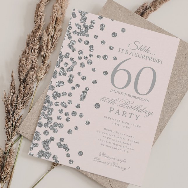 Silver Glitter Överraskning 60-årsdag Blush Rosa Inbjudningar (Silver Glitter Surprise 60th Birthday Blush Pink Invitation)