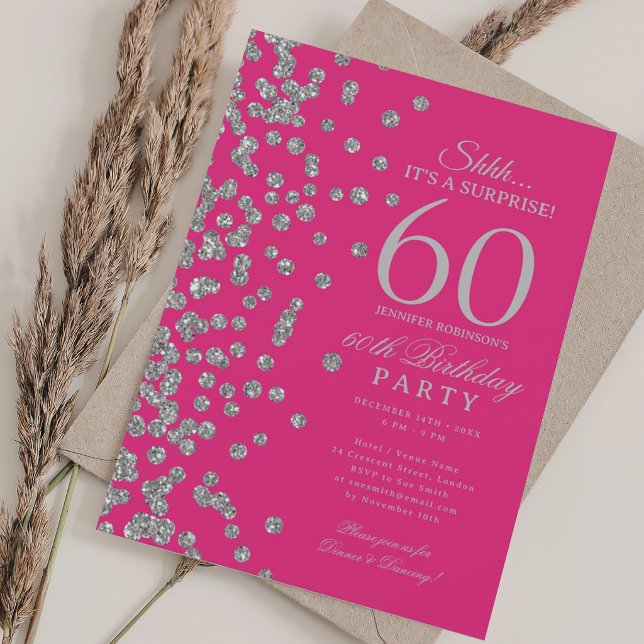 Silver Glitter Överraskning 60-årsdag Hot Pink  Inbjudningar (Silver Glitter Surprise 60th Birthday Hot Pink Invitation)