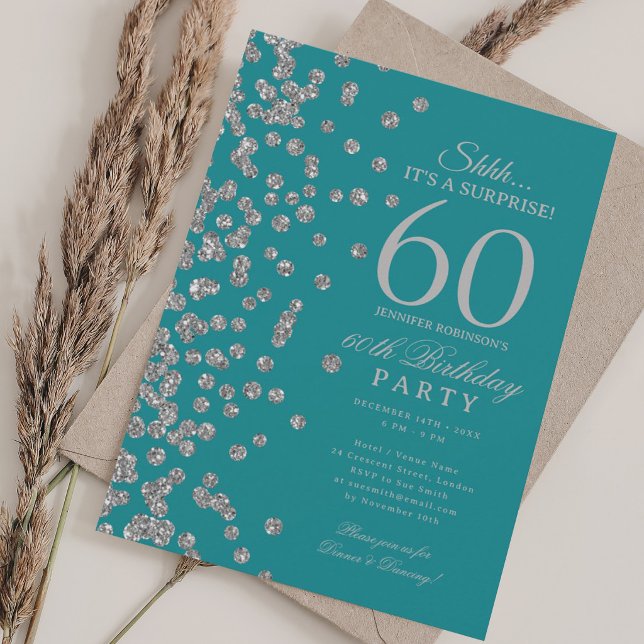 Silver Glitter Överraskning 60-årsdag Teal  Inbjudningar (Skapare uppladdad)