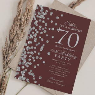 Silver Glitter Överraskning 70-årsdag Burgundy Inbjudningar