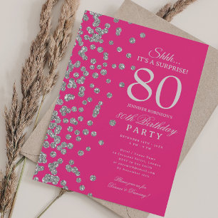 Silver Glitter Överraskning 80-årsdag Hot Pink Inbjudningar