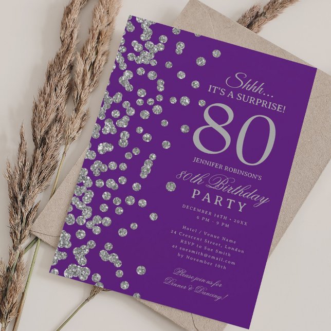  Silver Glitter Överraskning 80-årsdag Lila  Inbjudningar (Skapare uppladdad)