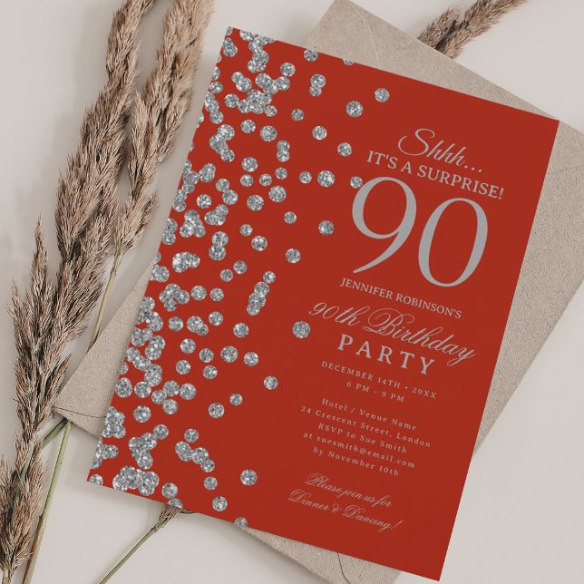  Silver Glitter Överraskning 90-årsdag Röd  Inbjudningar (Silver Glitter Surprise 90th Birthday Red Invitation)