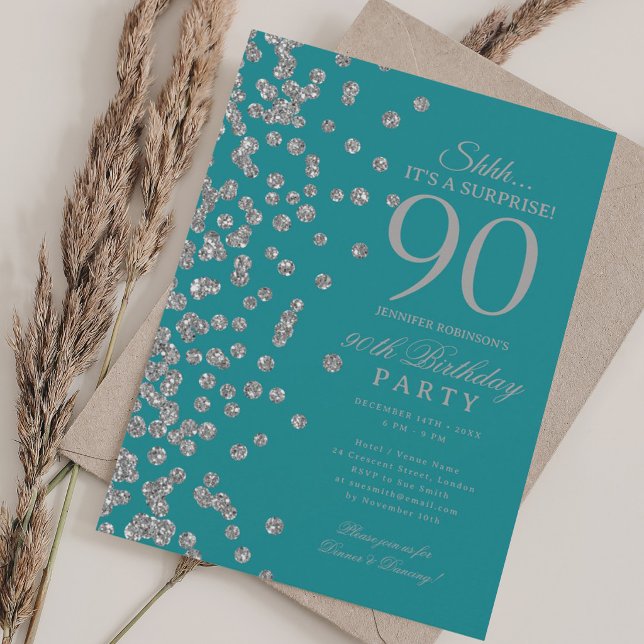  Silver Glitter Överraskning 90-årsdag Turkos  Inbjudningar (Silver Glitter Surprise 90th Birthday Turquoise Invitation)