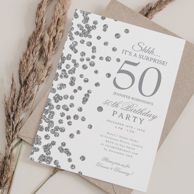 Silver Glitter Överrasknings 50-års Födelsedagsfes Inbjudningar (Silver Glitter Surprise 50th Birthday Party Invitation)