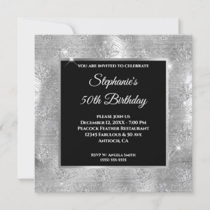 Silver Glitter Påfågel Fjäder Glam Födelsedag Inbjudningar