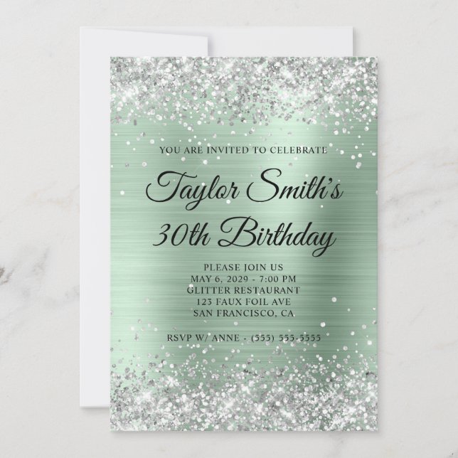 Silver Glitter Pale Mint Monogram 30-årsfirande Inbjudningar (Framsida)