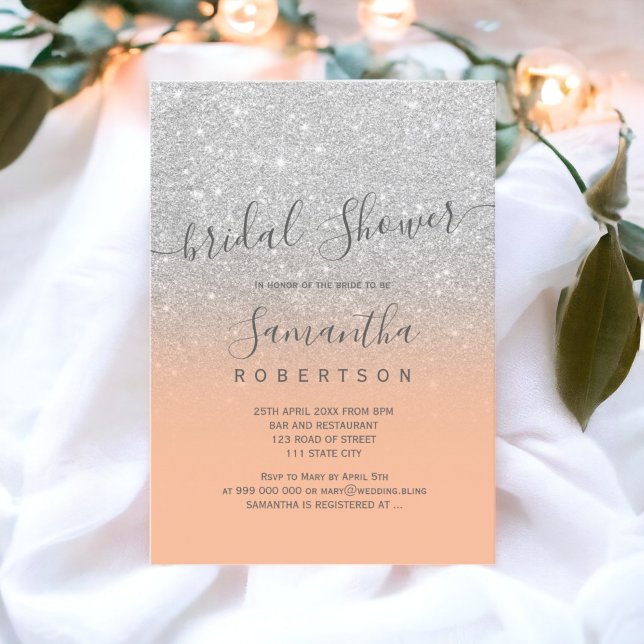Silver glitter peach-skript, möhippa inbjudningar (Silver glitter peach script bridal shower invitation)