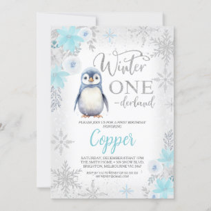 Silver Glitter Penguin Winter Onederland Födelseda Inbjudningar