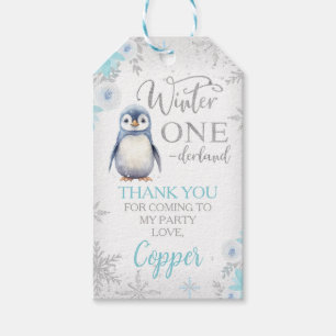 Silver Glitter Penguin Winter Onederland Födelseda Presentetikett
