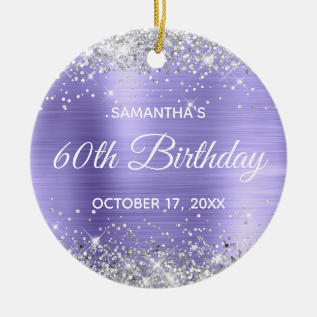 Silver Glitter Periwinkle Foil 60 Birthday Julgransprydnad Keramik (Framsidan)
